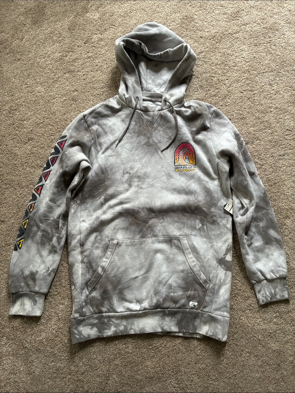 Quiksilver Gray Tie-Dye Hoodie with Colorful Sleeve Accents
